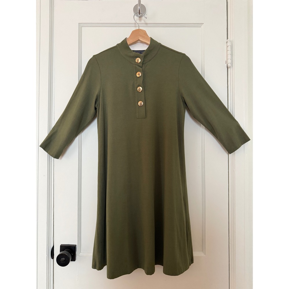 Duffield Lane Olive Green Henley Mock Neck Dress 3/4 Sleeve Cotton Knit Small